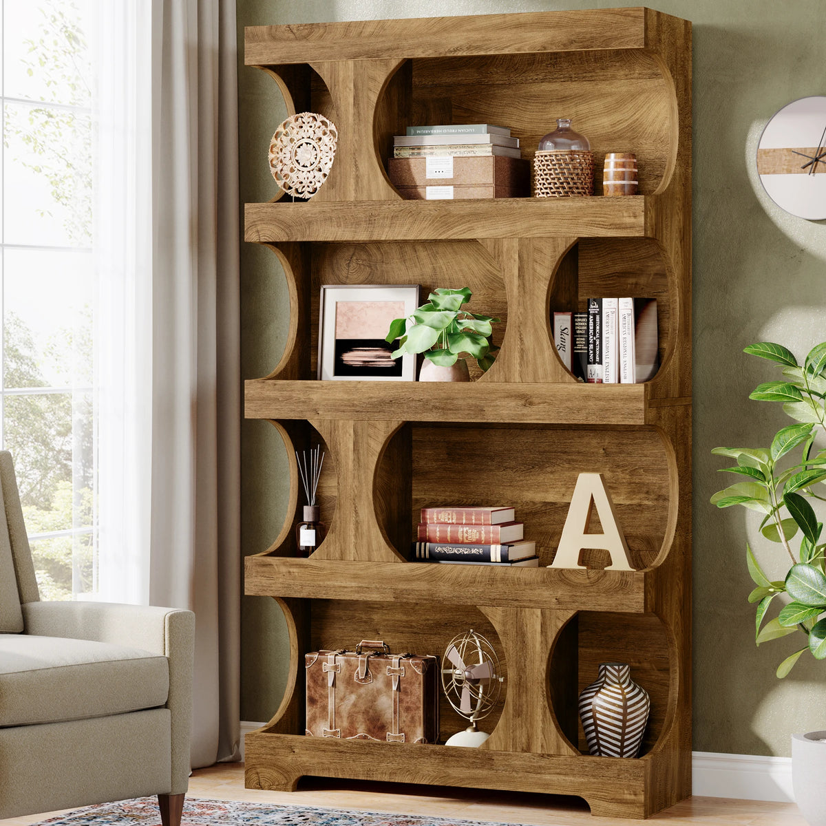 Tribesigns Four Tier S Shaped Wooden Bookcase Freestanding Display Shelf