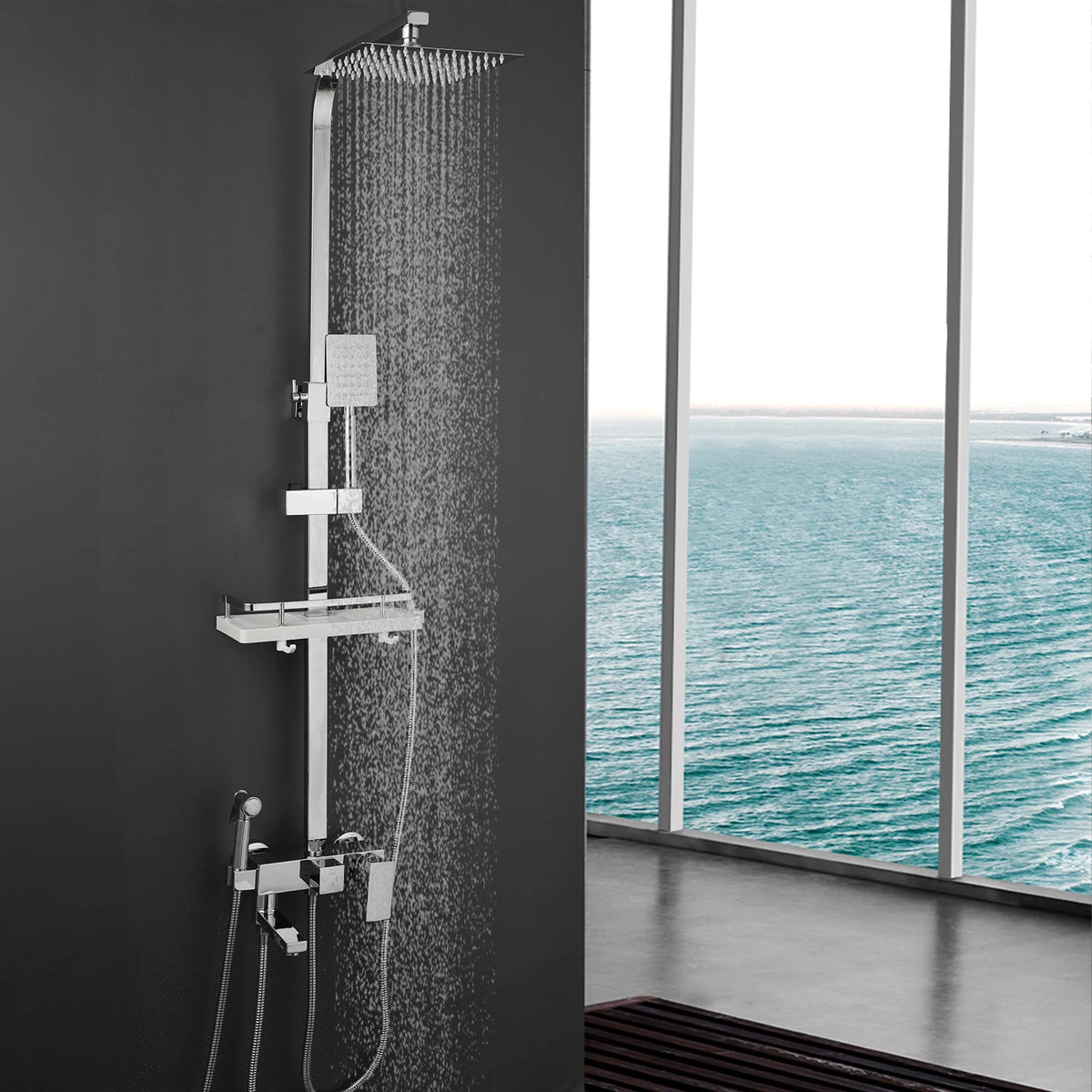 Jieni Square Rainfall Shower Faucet Set With Storage Shelf