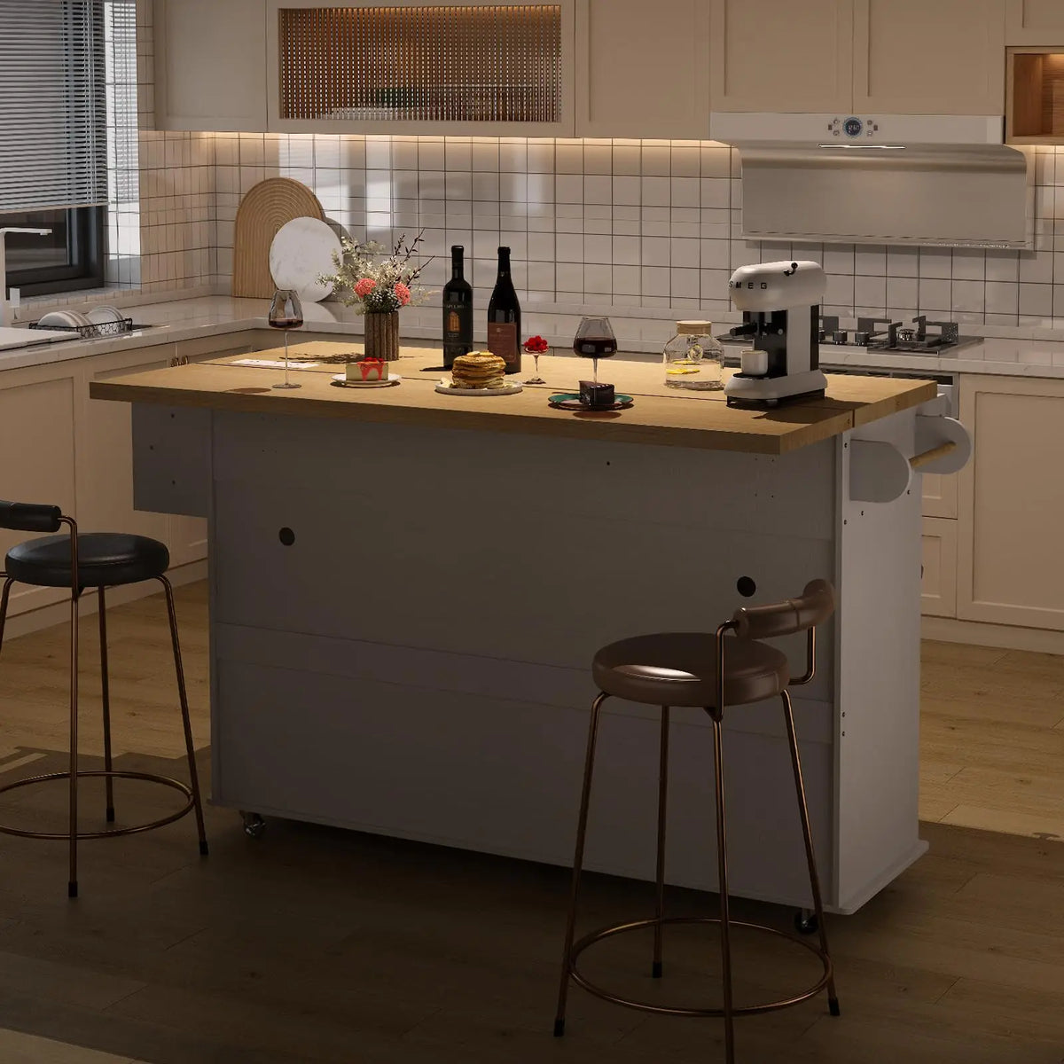 ONBRILL Mobile Kitchen Island With Power Outlet Spice Rack