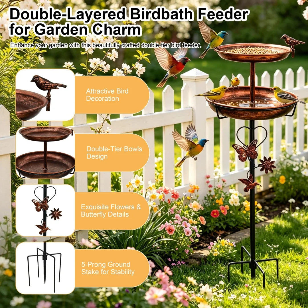 Freestanding Double Layer Bird Feeder And Birdbath Garden Stand