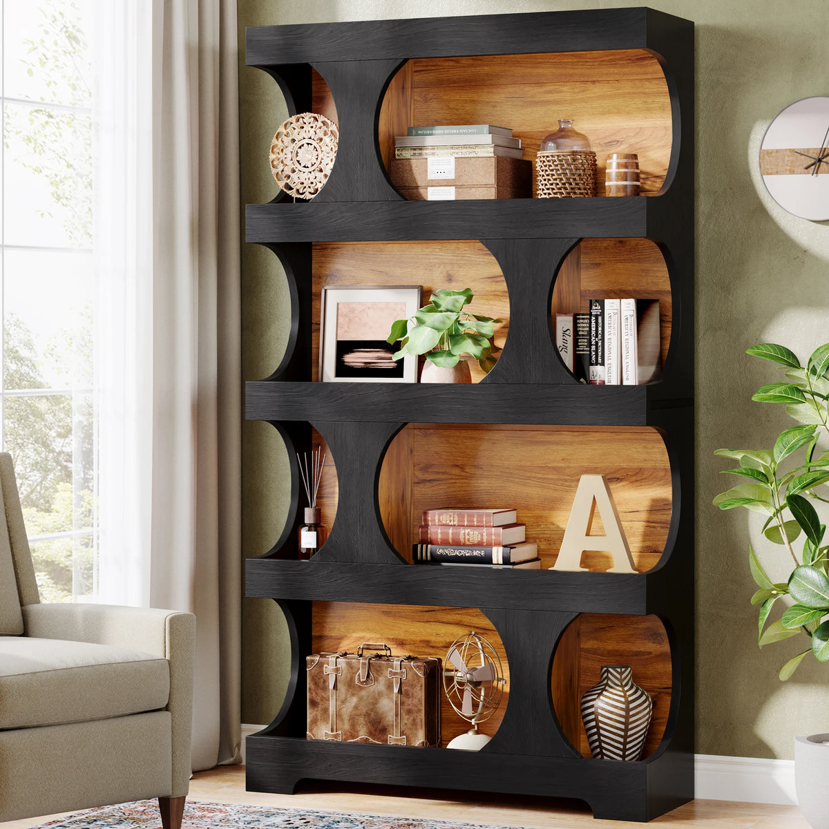 Tribesigns Four Tier S Shaped Wooden Bookcase Freestanding Display Shelf
