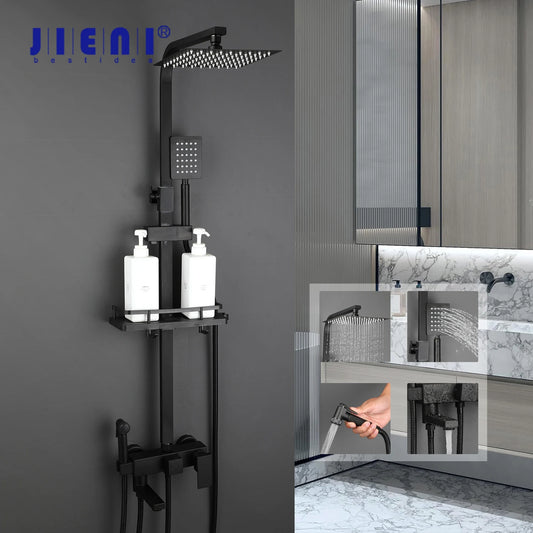 Jieni Square Rainfall Shower Faucet Set With Storage Shelf