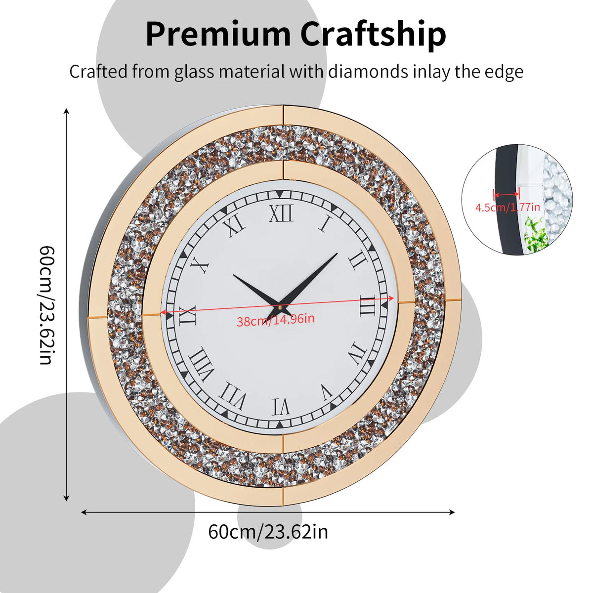 Round Mirror Wall Clock Crystal Sparkle Bling for Wall Decoration