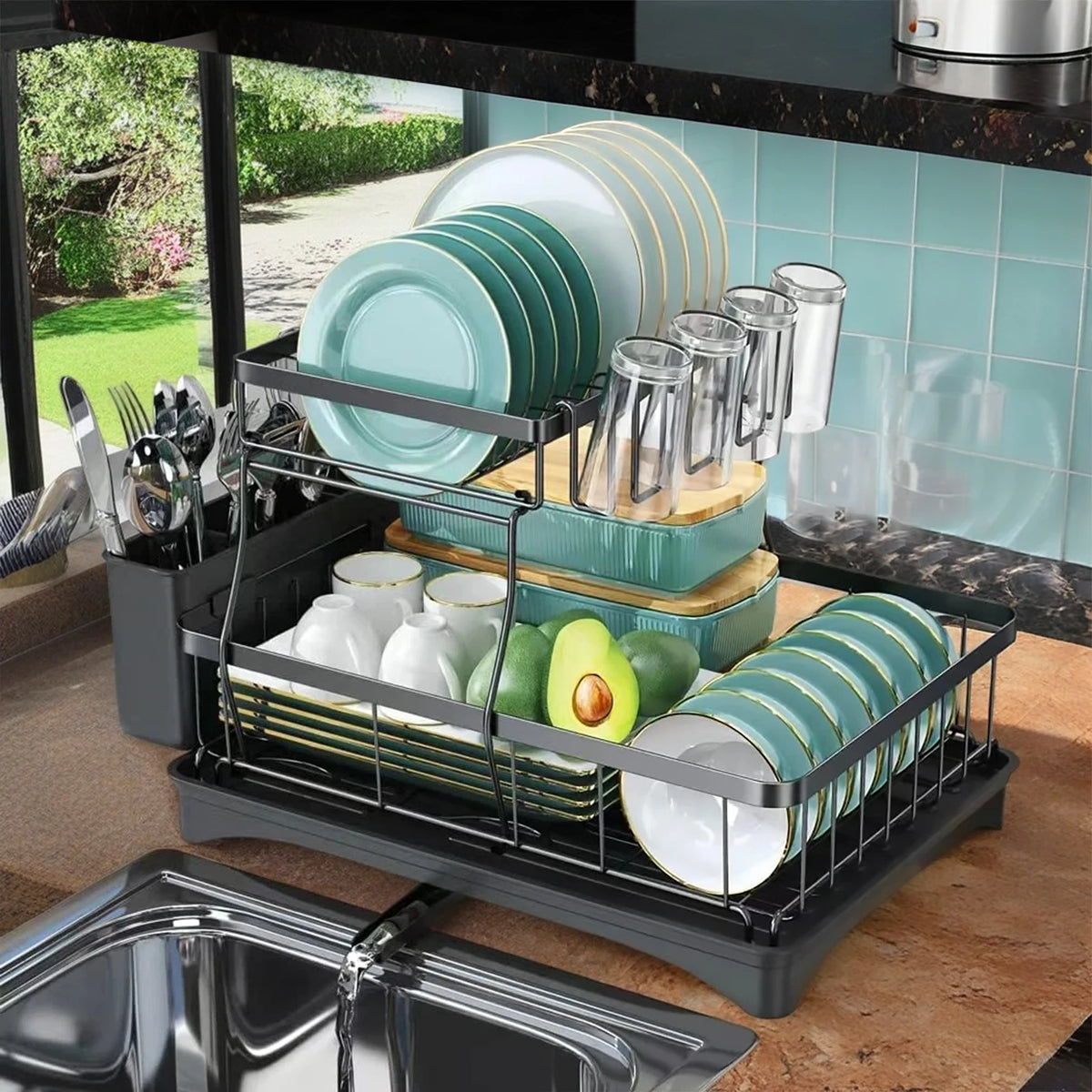 Two Tier Dish Drying Rack For Kitchen Countertops Removable