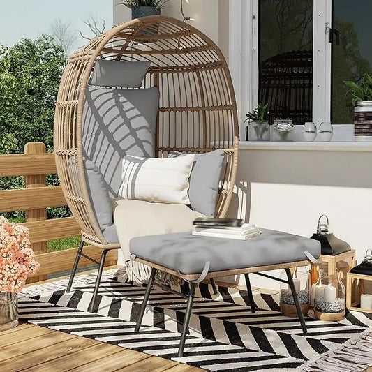 HiMiss Wicker Egg Chair With Ottoman For Outdoor Patio