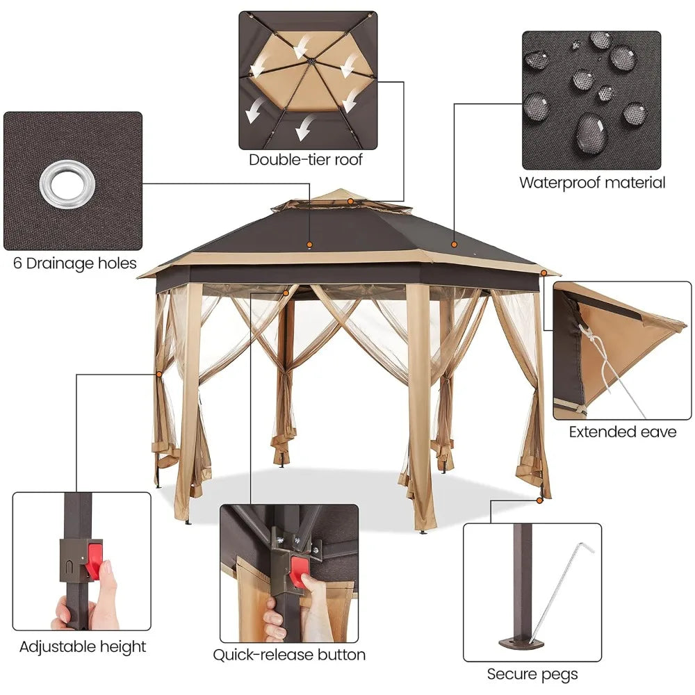 Hexagonal Pop Up Gazebo With Mesh Netting Six Sided Shelter