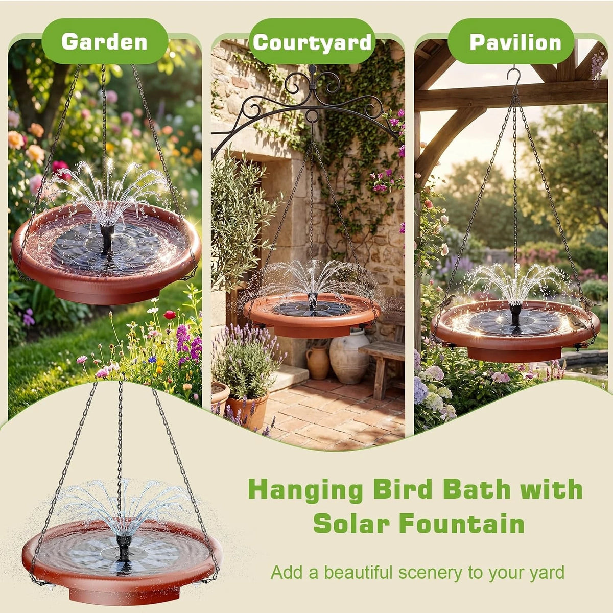 Hanging Solar Bird Bath Feeder With Fountain For Garden