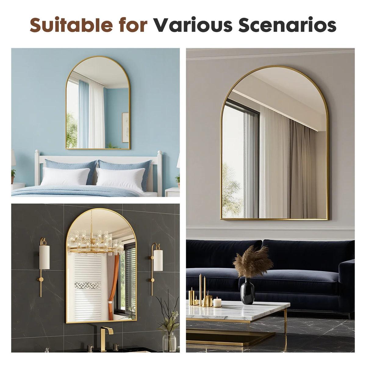 JHK Arched Metal Framed Wall Mirror For Bathroom And Hallway