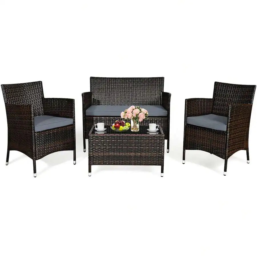 Rattan Patio Furniture Set With Cushioned Sofa And Coffee Table