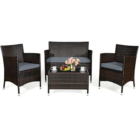 Rattan Patio Furniture Set With Cushioned Sofa And Coffee Table