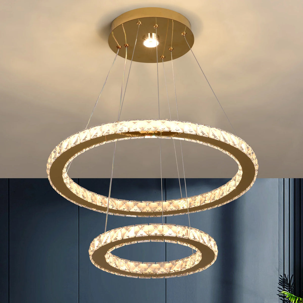 GreeLustr Modern Rings LED Pendant Light Crystal Dimmable Chandelier