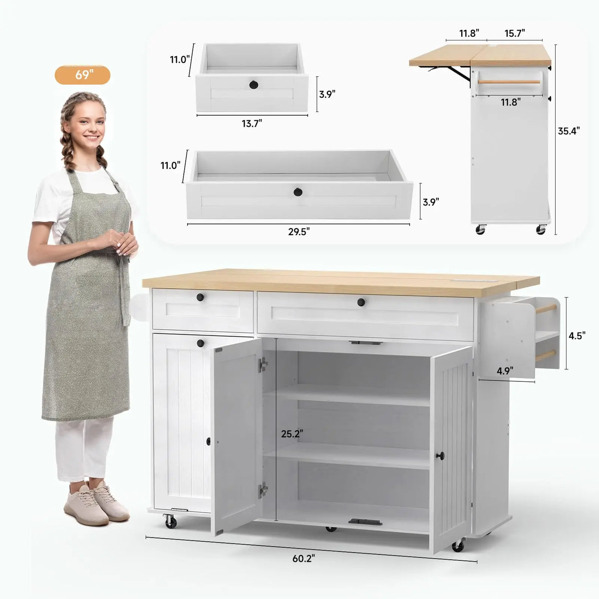 ONBRILL Mobile Kitchen Island With Power Outlet Spice Rack