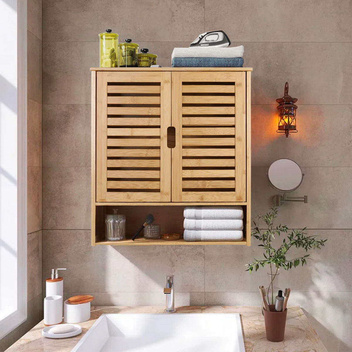 Wisfor Wall Mounted Bamboo Bathroom Cabinet Medicine Cupboard Organizer