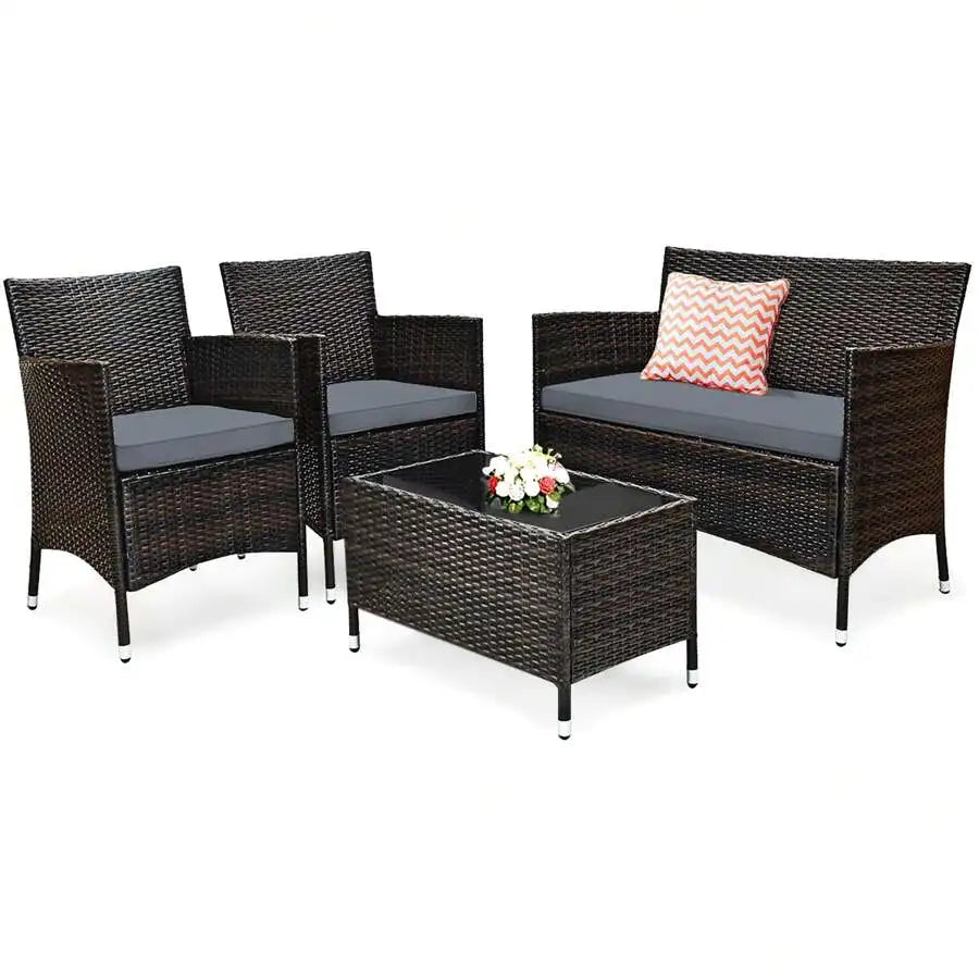 Rattan Patio Furniture Set With Cushioned Sofa And Coffee Table