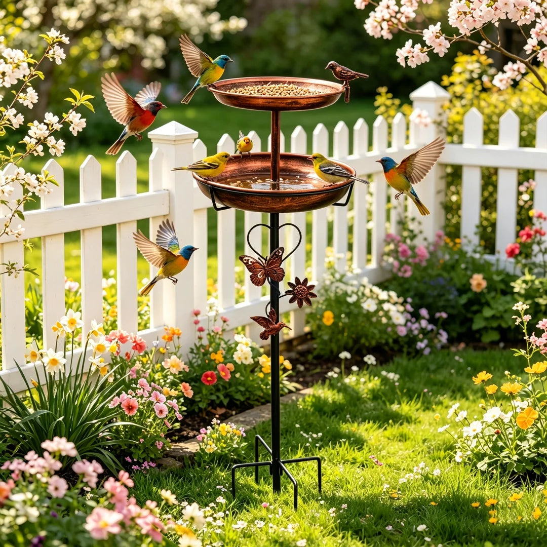 Freestanding Double Layer Bird Feeder And Birdbath Garden Stand
