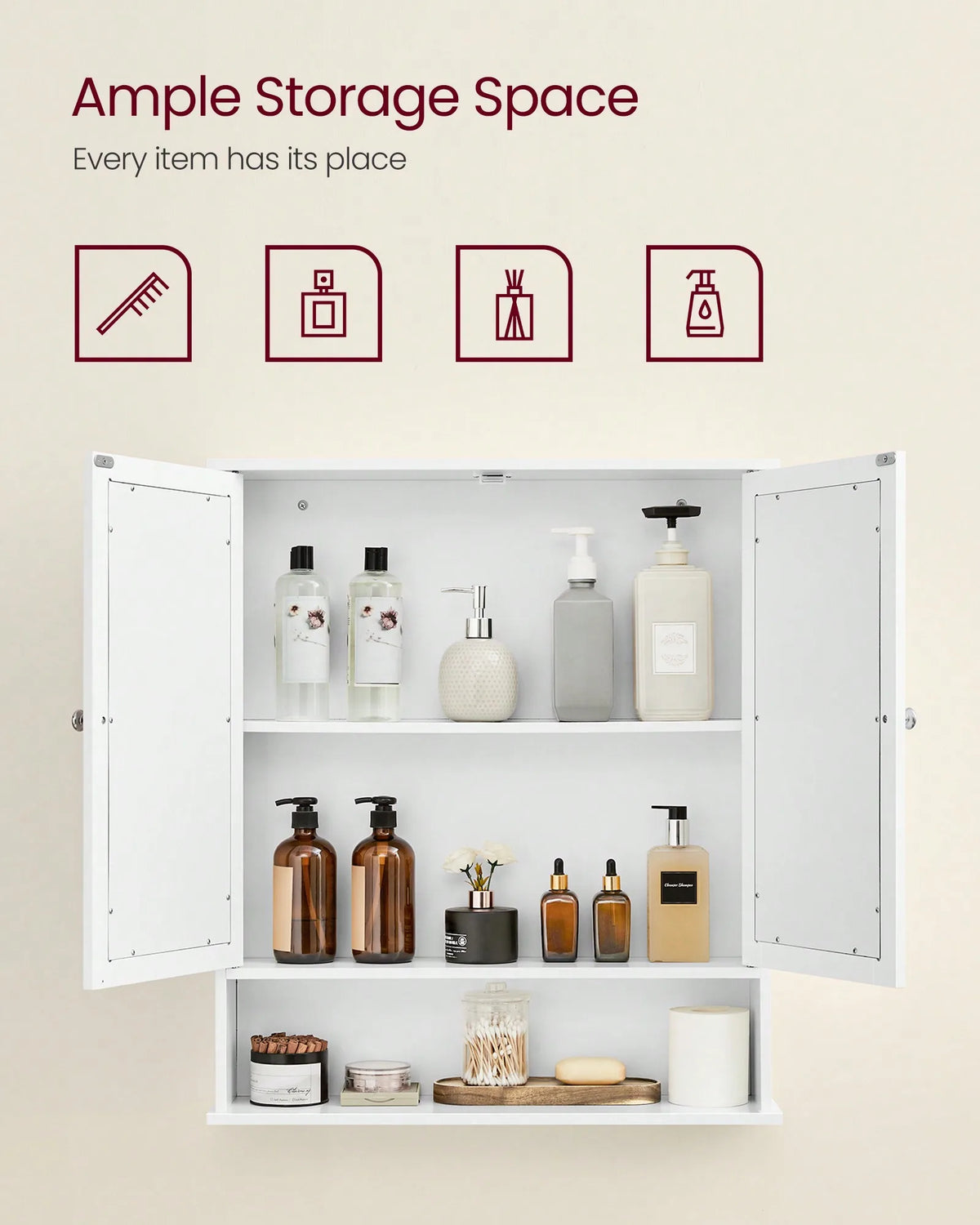 Wood Wall Mount Medicine Cabinet Mirrored Doors Adjustable Storage