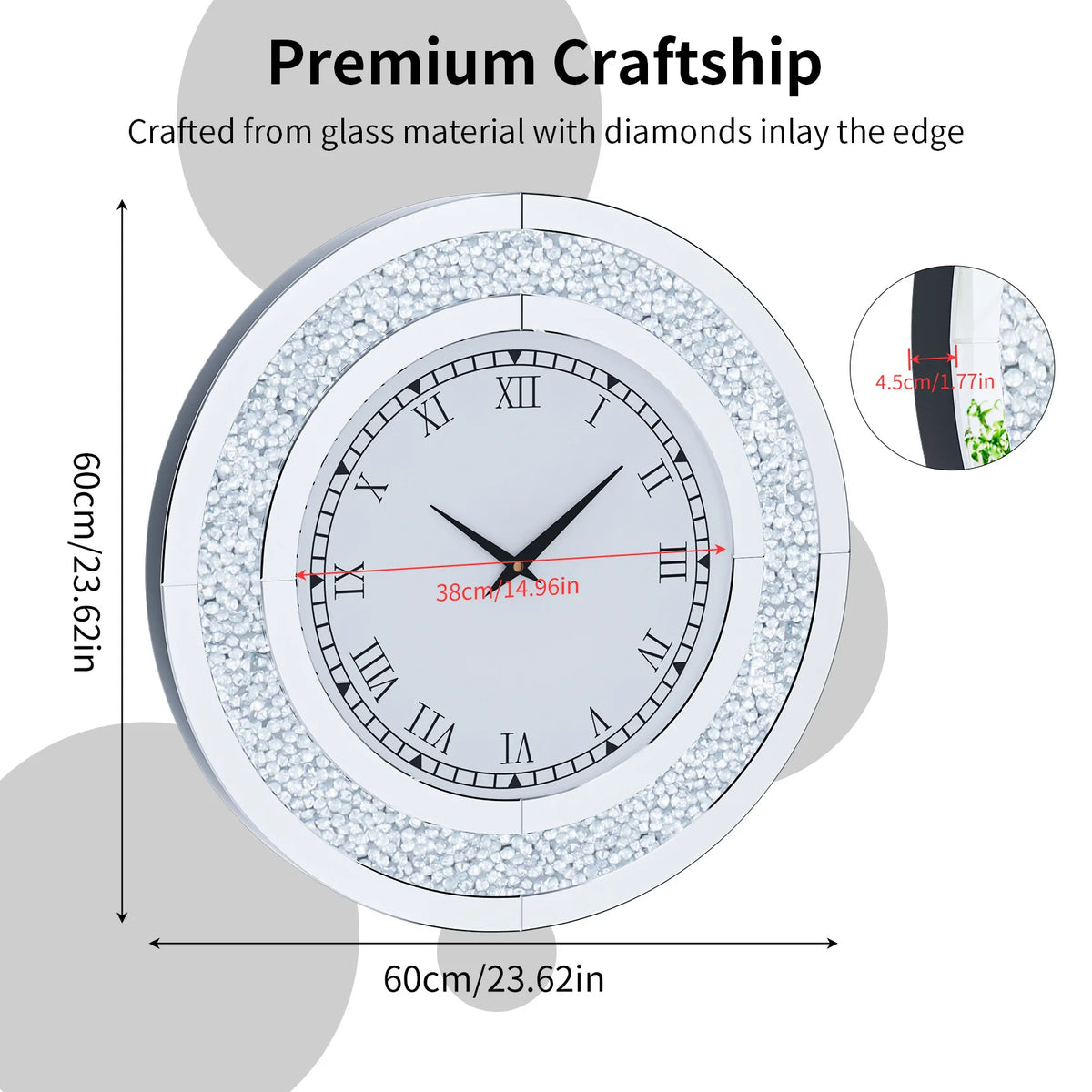 Round Mirror Wall Clock Crystal Sparkle Bling for Wall Decoration