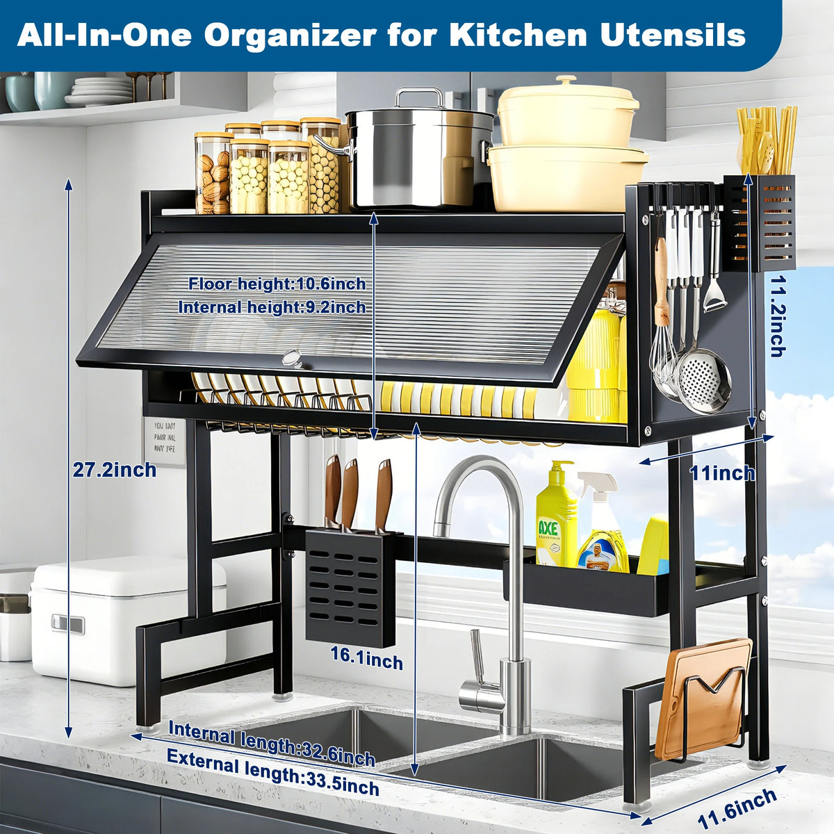 Heavy Duty Auto Draining Kitchen Sink Dish Drying Rack Organizer