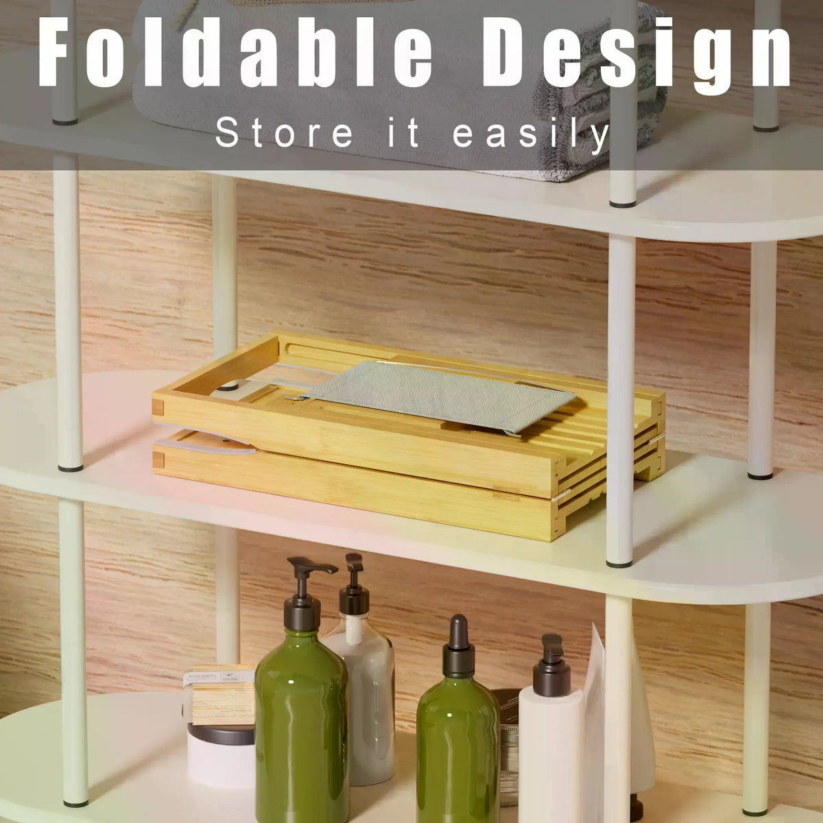 Collapsible Bamboo Bathtub Caddy Tray With Silicone Pad