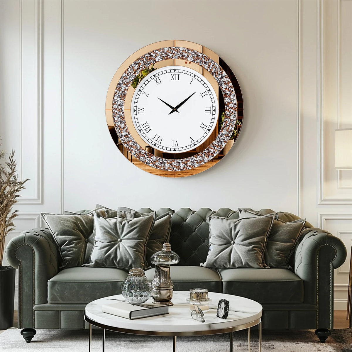 Round Mirror Wall Clock Crystal Sparkle Bling for Wall Decoration