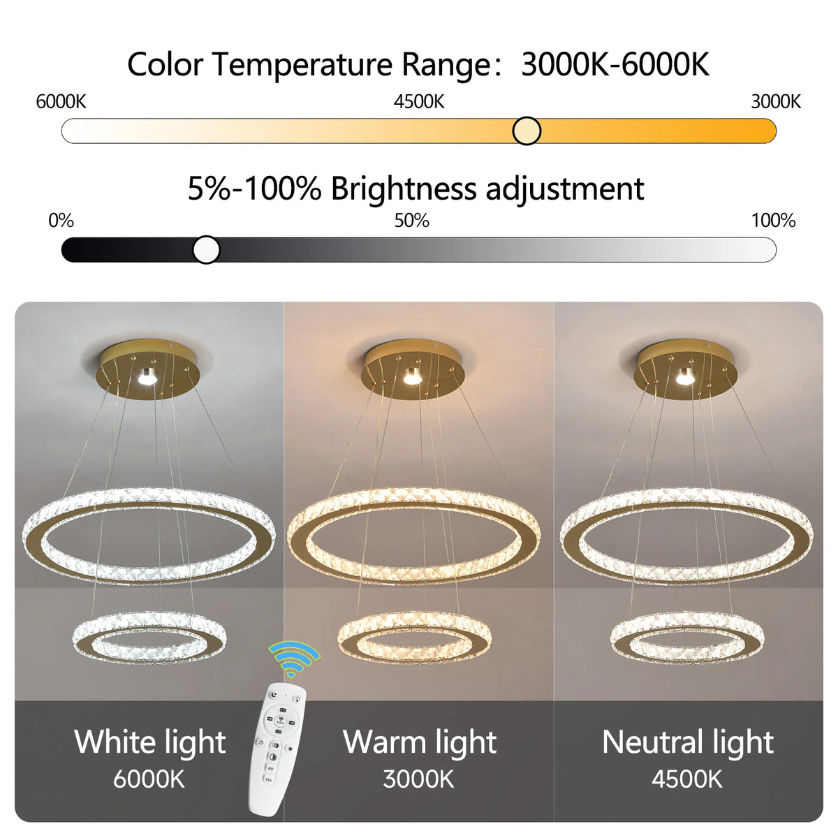 GreeLustr Modern Rings LED Pendant Light Crystal Dimmable Chandelier
