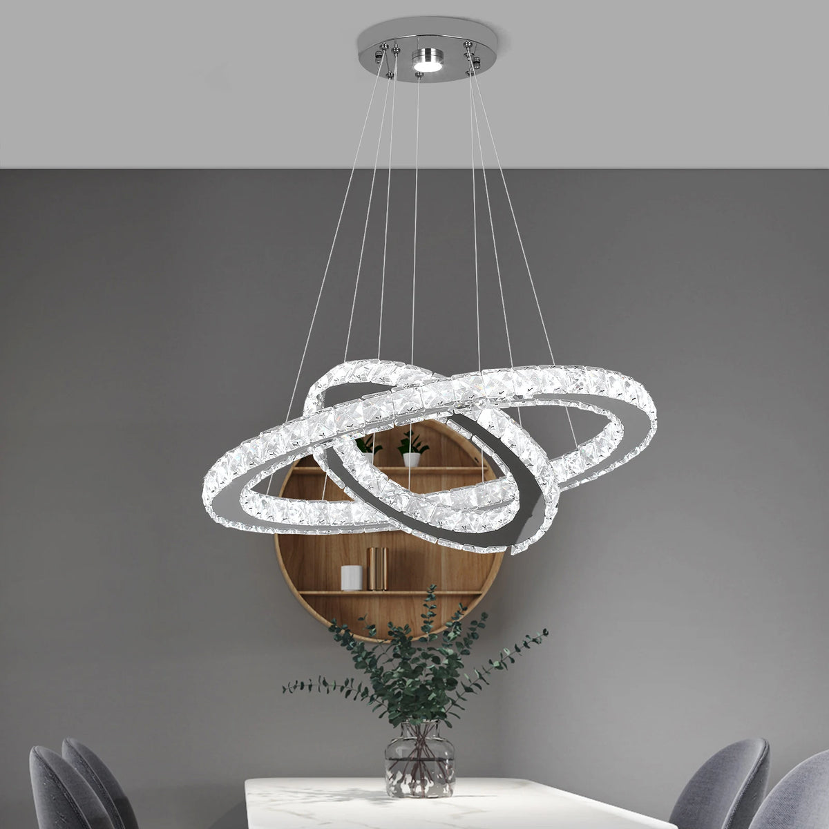 GreeLustr Modern Rings LED Pendant Light Crystal Dimmable Chandelier