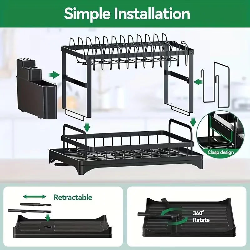 Countertop Dish Drying Rack With Automatic Drain And Cup Holder