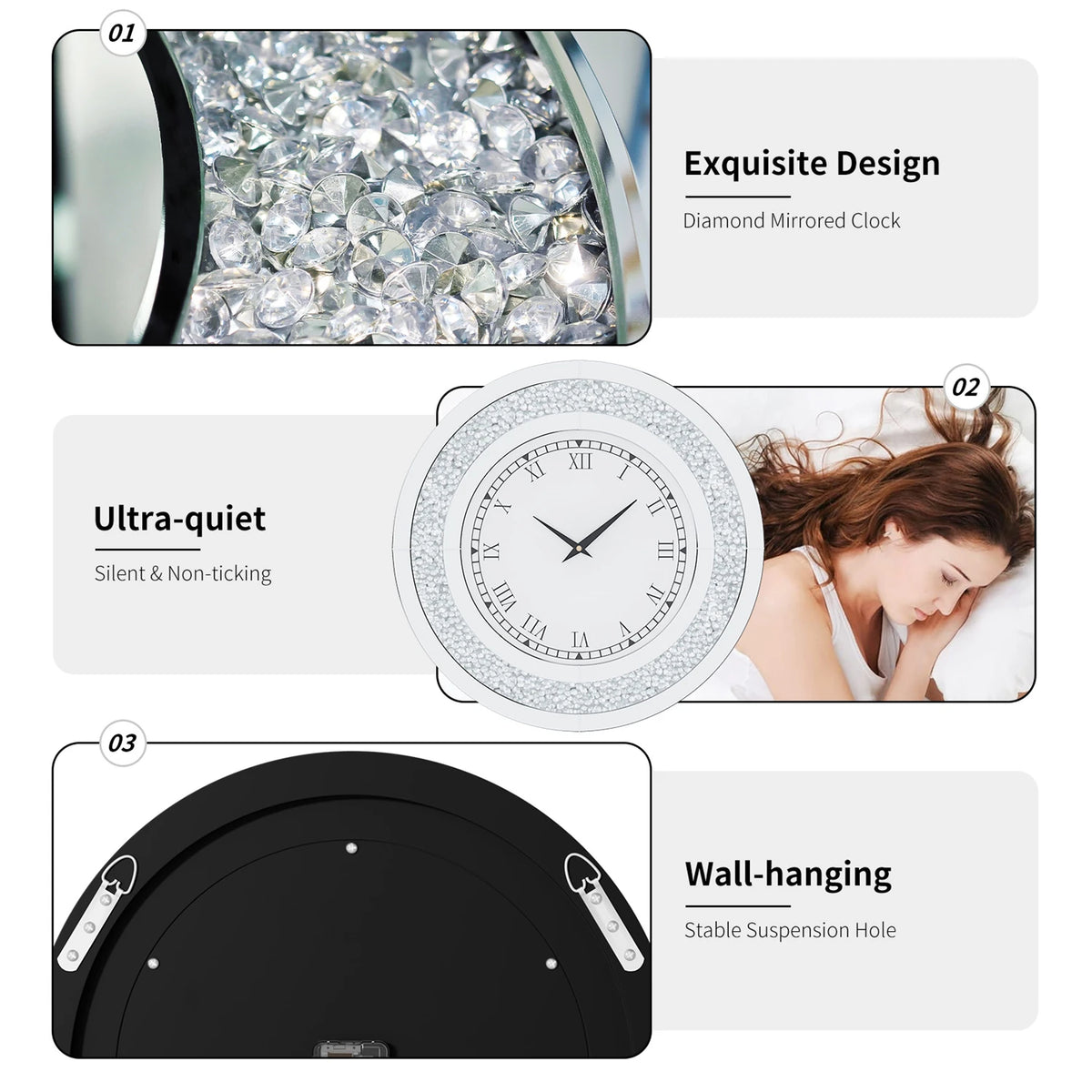 Round Mirror Wall Clock Crystal Sparkle Bling for Wall Decoration