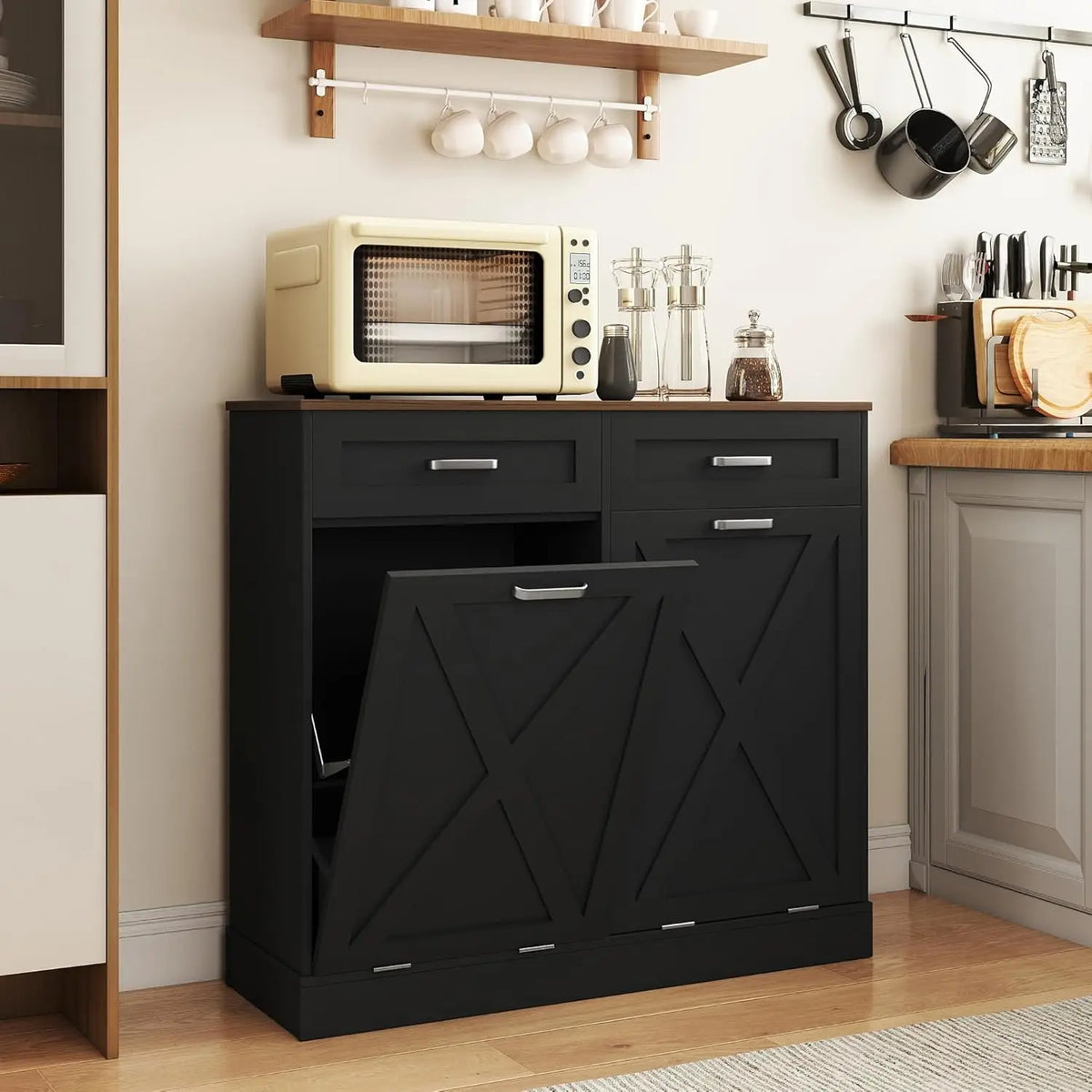 Wooden Fluted Double Tilt Out Trash Can Cabinet With Drawers