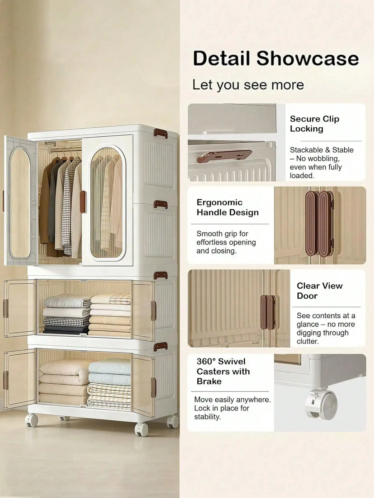 Modern Stackable Plastic Foldable Storage Cabinet With Clear Doors