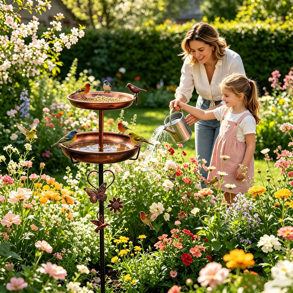 Double Layer Metal Bird Bath Stand With Five Pronged Base