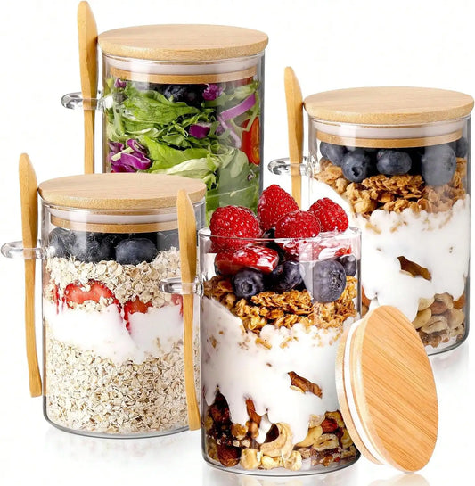 Overnight Oats Glass Containers With Bamboo Lids And Spoons