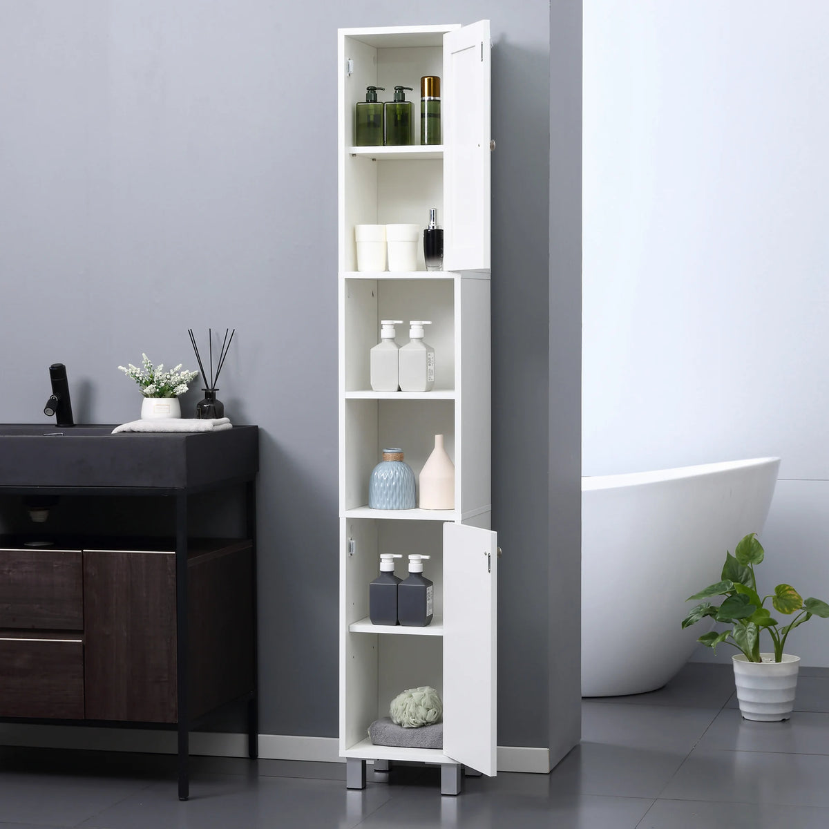 Kleankin Tall Bathroom Storage Cabinet With Mirror And Adjustable Shelves