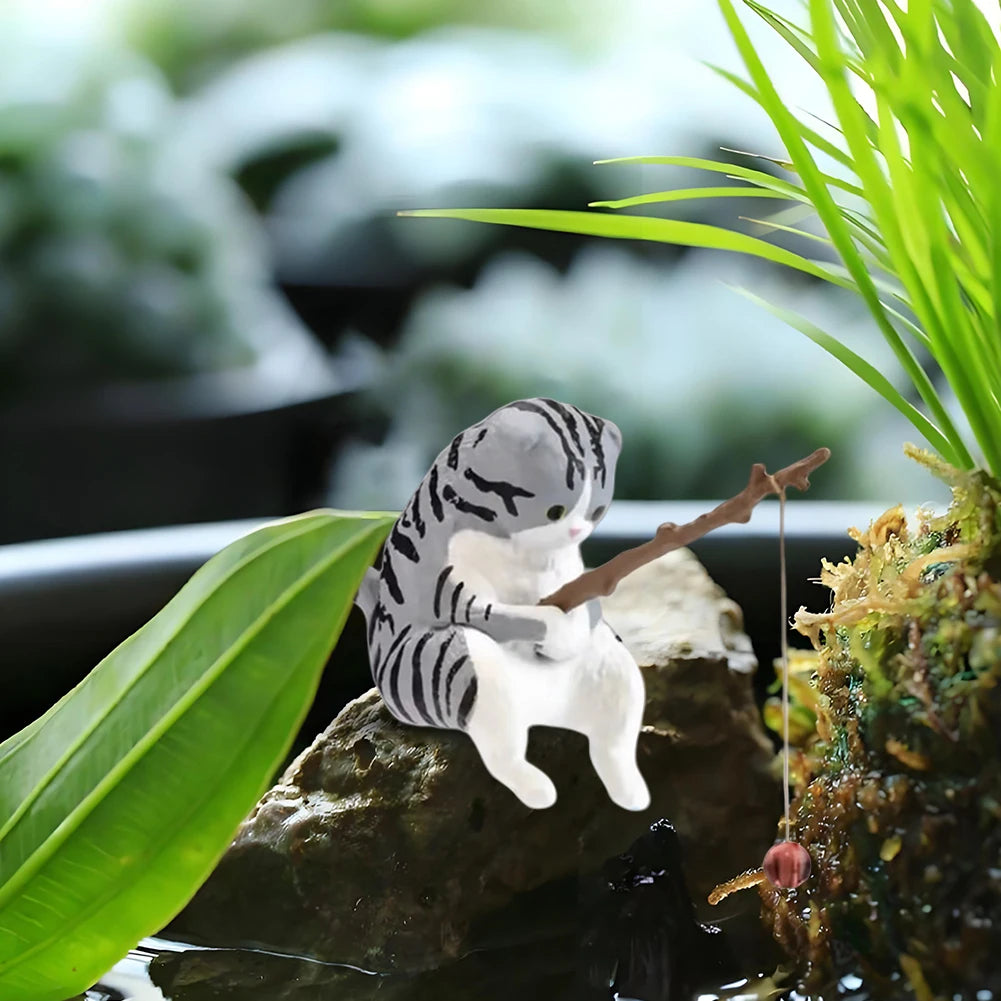 Sikiwind Cute Fishing Cat Figurine Sitting Cat Ornament Aquarium