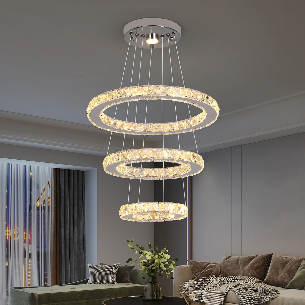 GreeLustr Modern Crystal Pendant Chandelier Ring Lights for Living Room