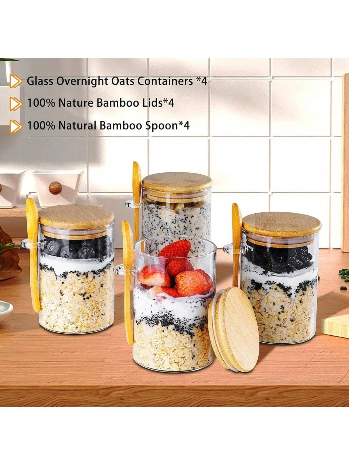 Overnight Oats Glass Containers With Bamboo Lids And Spoons