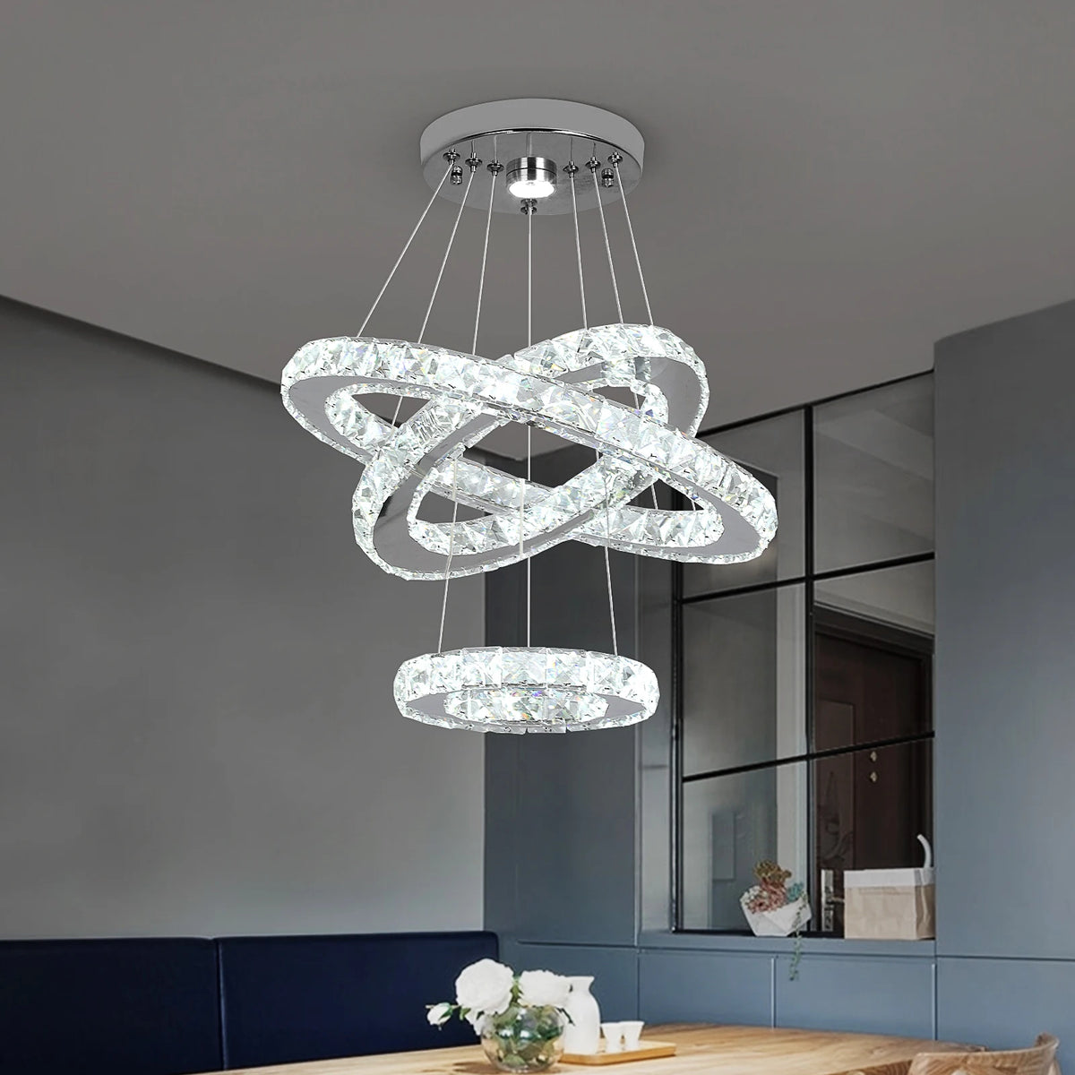 GreeLustr Modern Crystal Pendant Chandelier Ring Lights for Living Room
