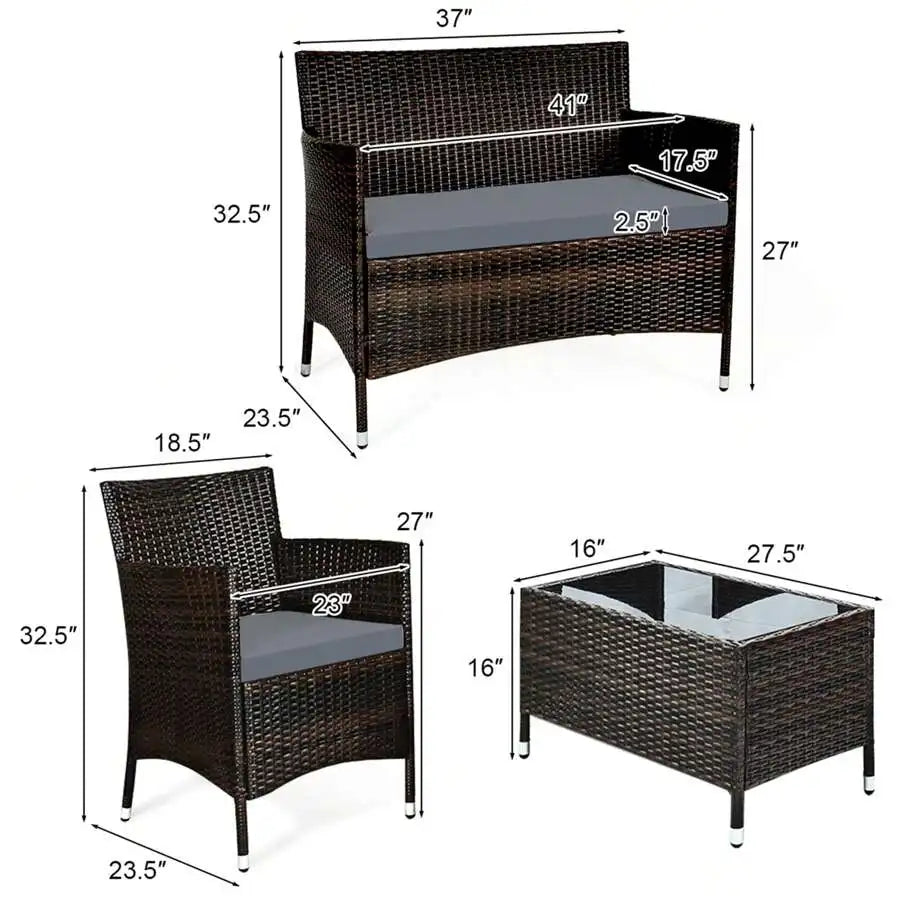 Rattan Patio Furniture Set With Cushioned Sofa And Coffee Table