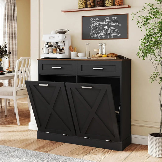 Wooden Fluted Double Tilt Out Trash Can Cabinet With Drawers