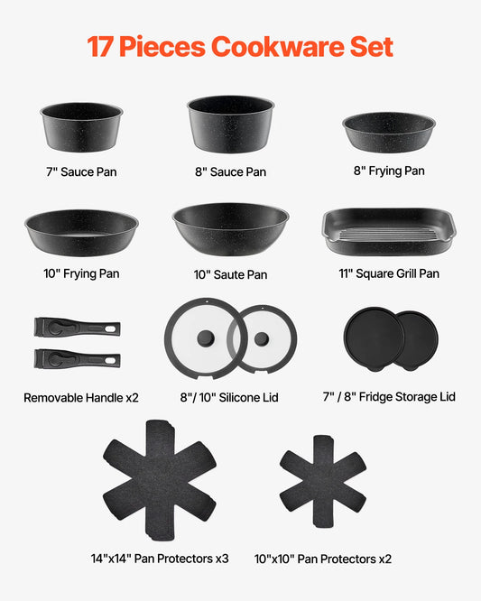 SucceBuy 17 Piece Nonstick Granite Cookware Set For Induction Compatible
