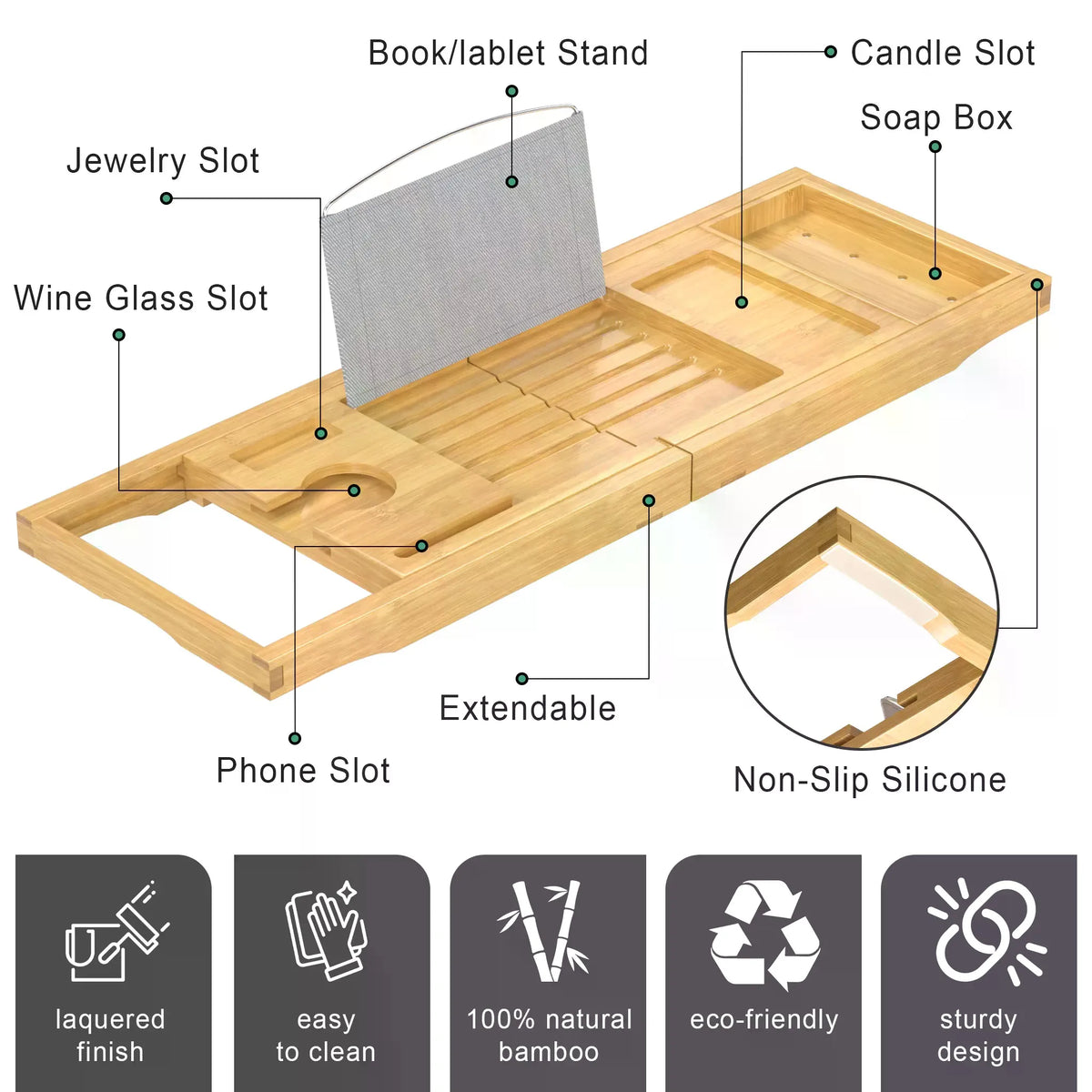Collapsible Bamboo Bathtub Caddy Tray With Silicone Pad