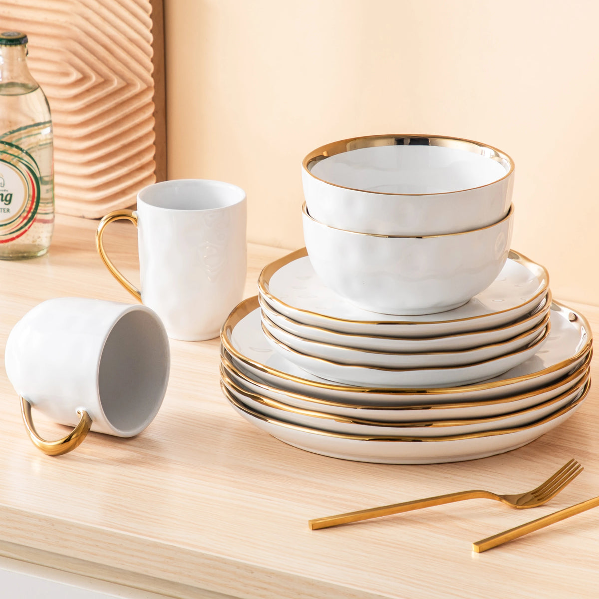 Malacasa Handmade Dinnerware Set With Gold Trim Ceramic Tableware