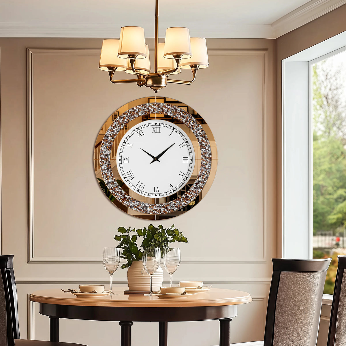 Round Mirror Wall Clock Crystal Sparkle Bling for Wall Decoration