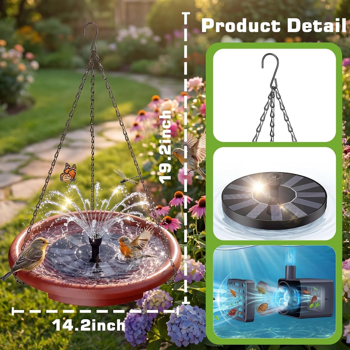 Hanging Solar Bird Bath Feeder With Fountain For Garden