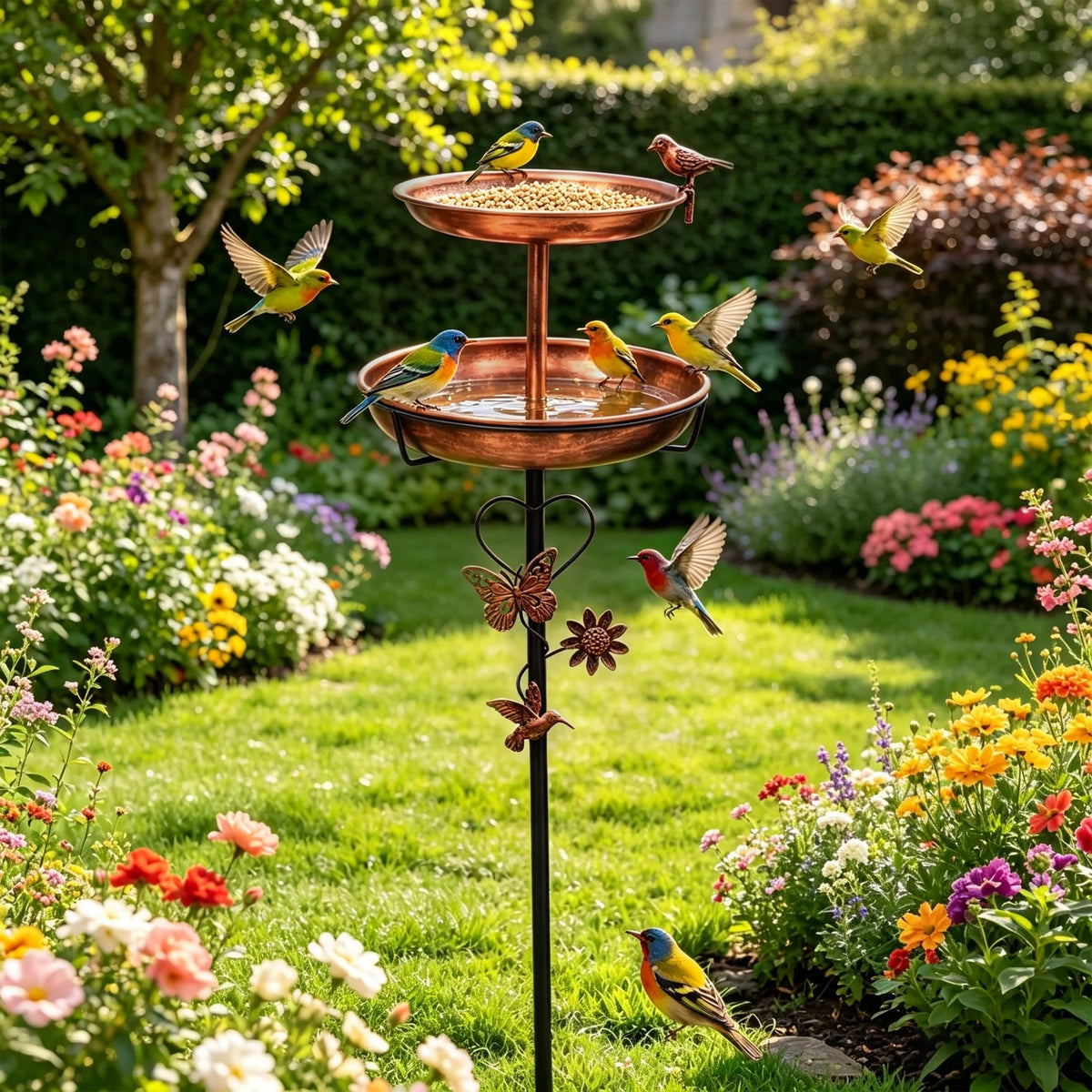 Double Layer Metal Bird Bath Stand With Five Pronged Base