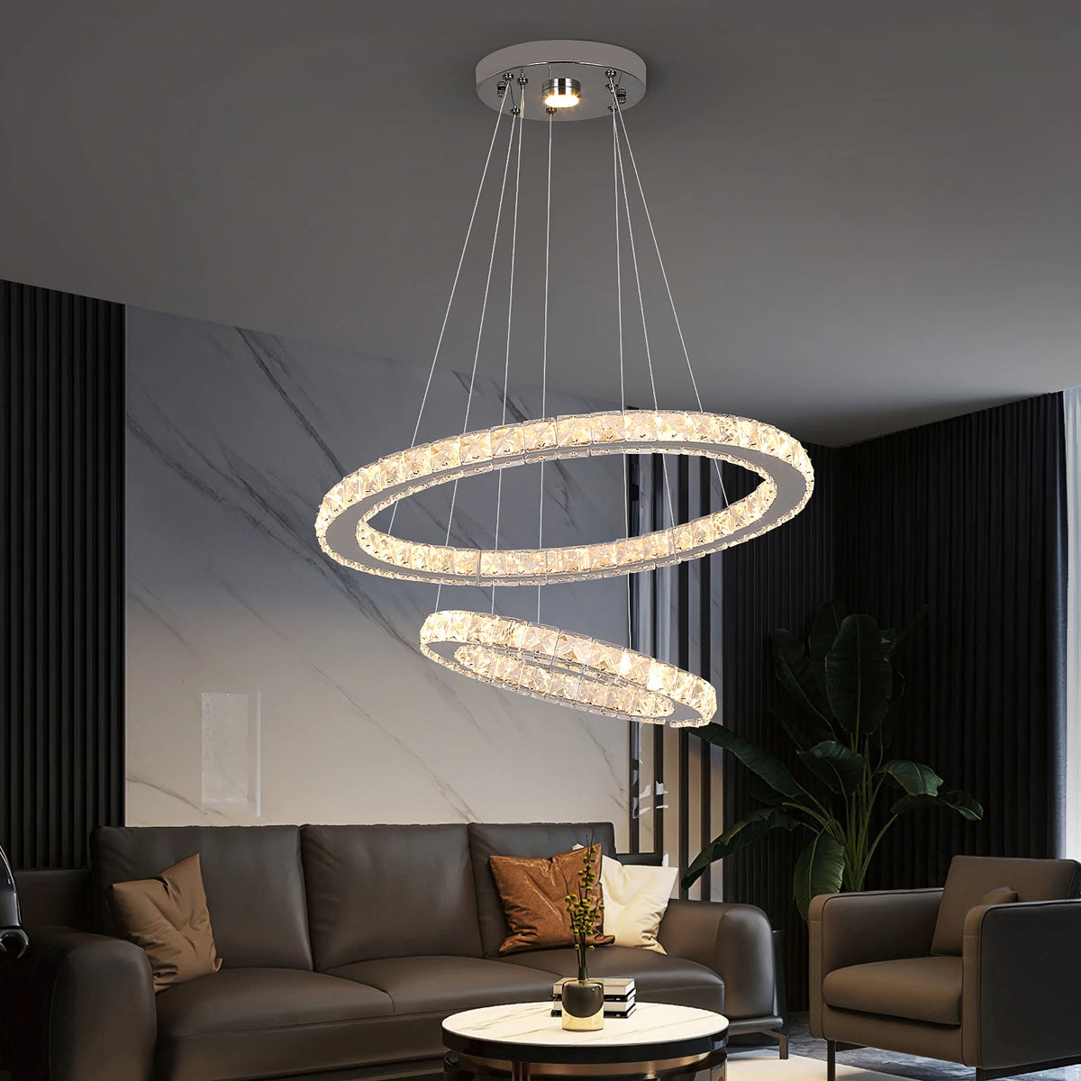 GreeLustr Modern Rings LED Pendant Light Crystal Dimmable Chandelier