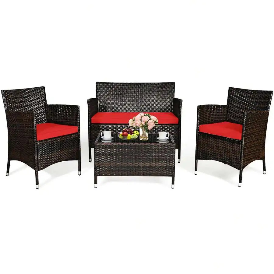Rattan Patio Furniture Set With Cushioned Sofa And Coffee Table