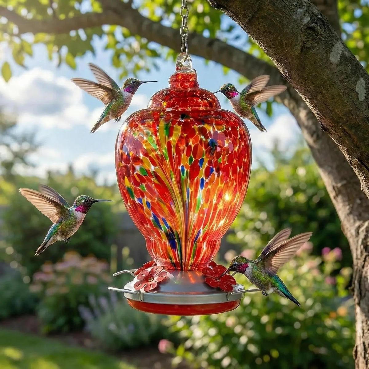 Hand Blown Glass Hummingbird Feeder With Ant Moat And Cleaning Brush