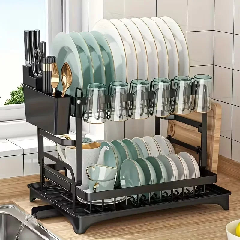 Countertop Dish Drying Rack With Automatic Drain And Cup Holder