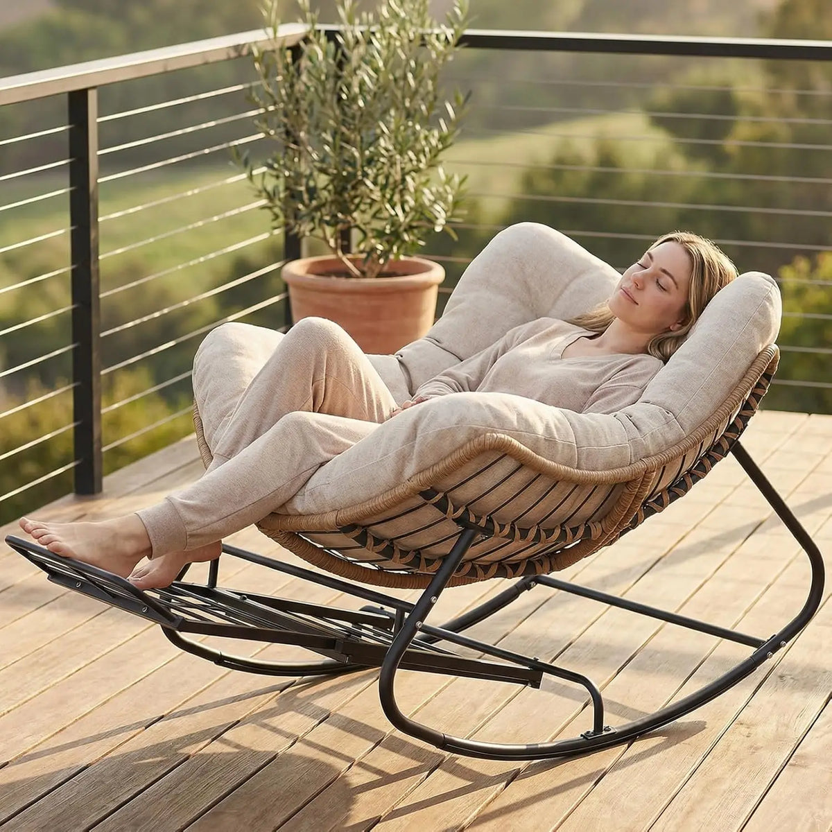 Rattan Rocking Chair With Footrest For Outdoor Patio Garden